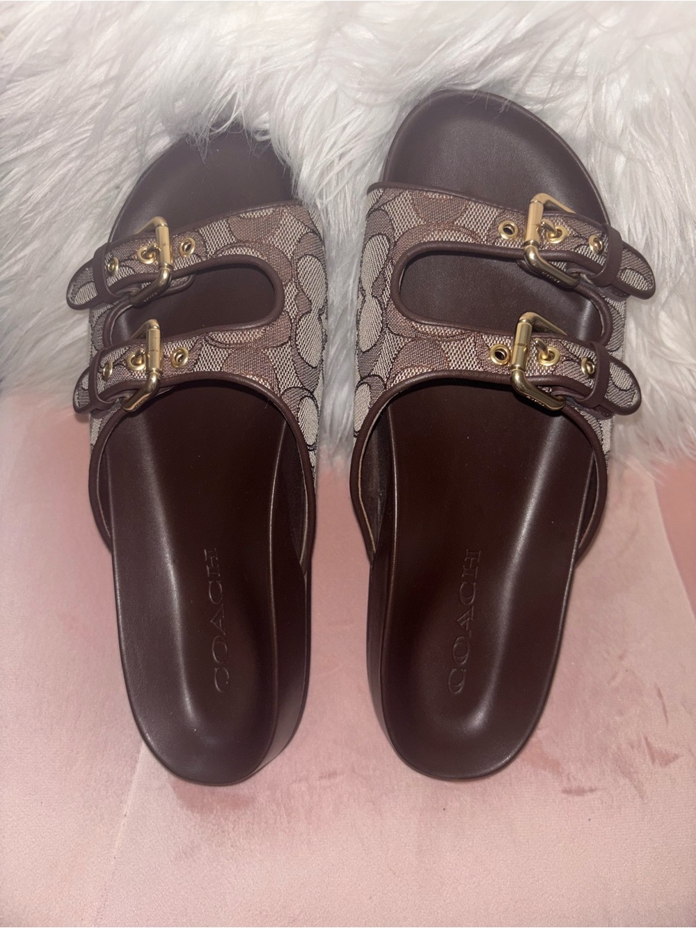 Coach Brown Signature Double-Buckle Slide Sandals with Gold Hardware